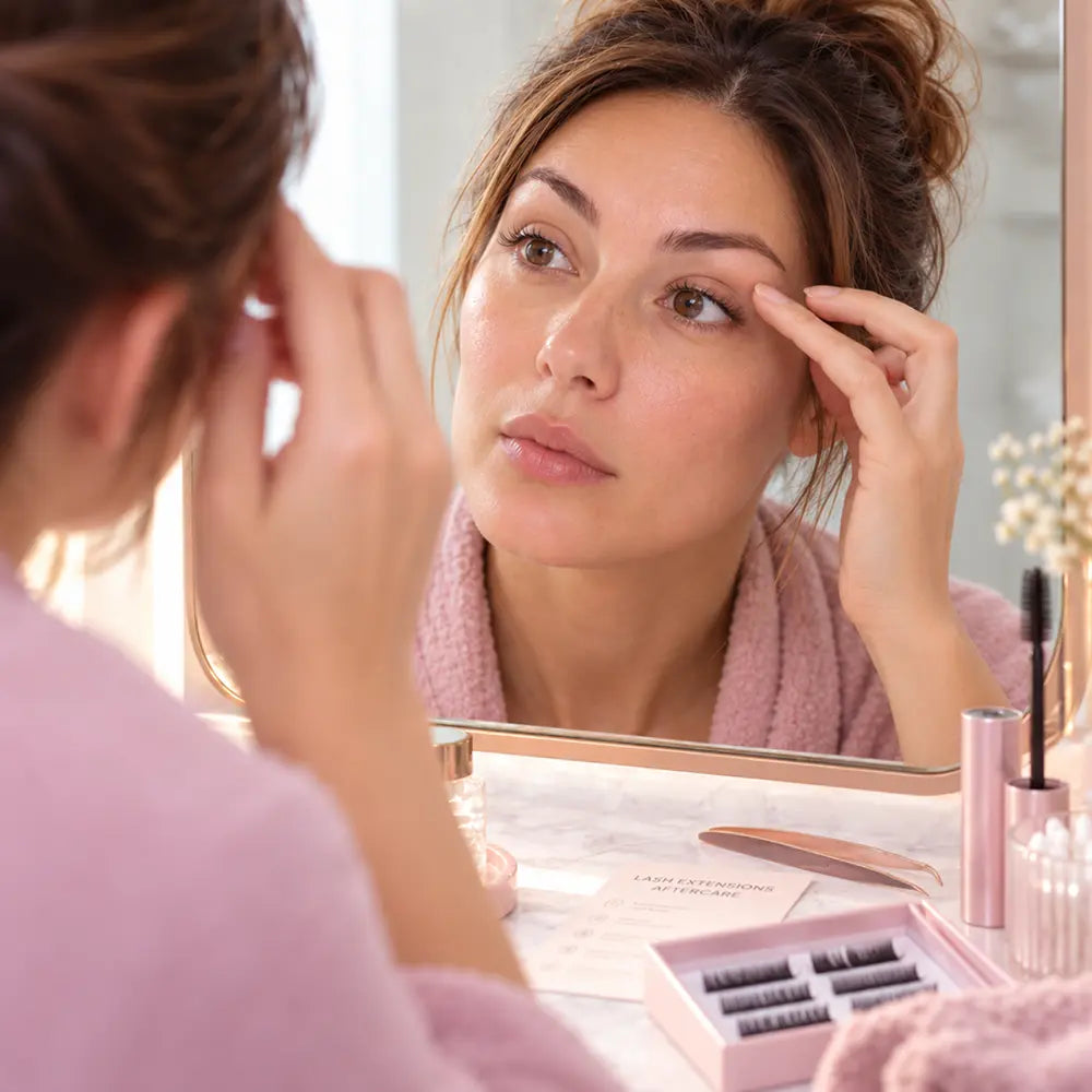 Close crop, bare lash line at a mirror, morning light. On the counter beside her, in soft focus: an extension aftercare card, a strip-lash tray, a mascara tube. Her own lashes are the only thing in focus.
