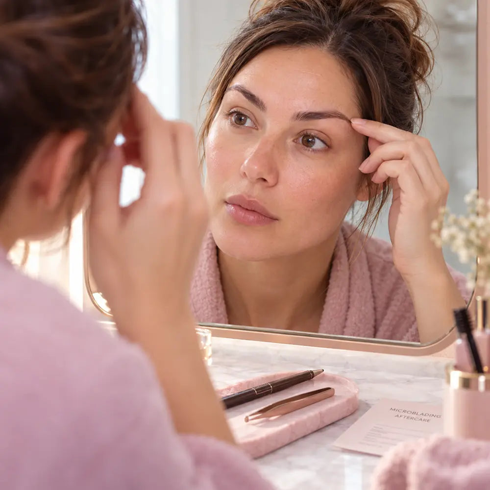 close crop, bare brows at a mirror, morning light, no makeup on them at all. On the counter beside her, in soft focus: a brow pencil, a pair of tweezers, a microblading aftercare card. Her own brows are the only thing in focus.