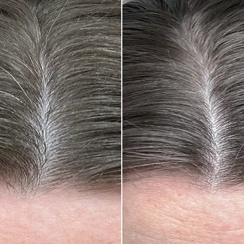 Before and after, hair falling loose, same angle.