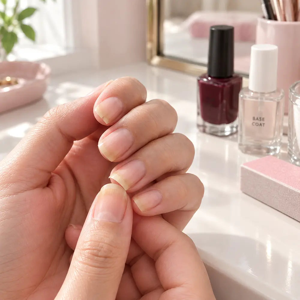 close crop, bare hands on a counter, morning light, nails short and unpolished with a visible yellow cast and one bending at the free edge. Beside them, in soft focus: a bottle of dark polish, a buffing block, a plain base coat. Her own nails are the only thing in focus.